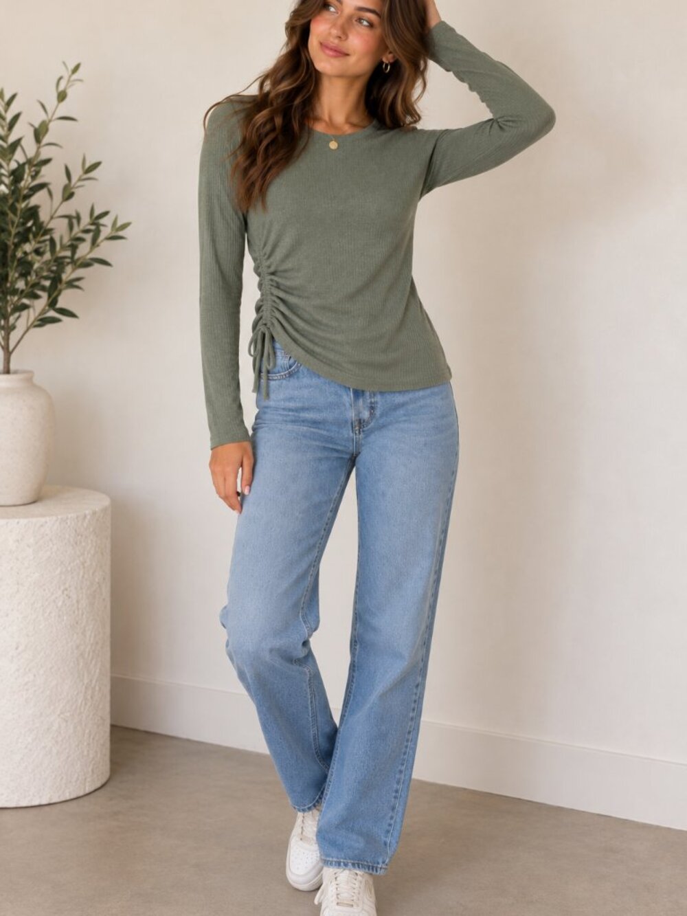 Dynamite Olive Green Ribbed Ruched Drawstring Top M